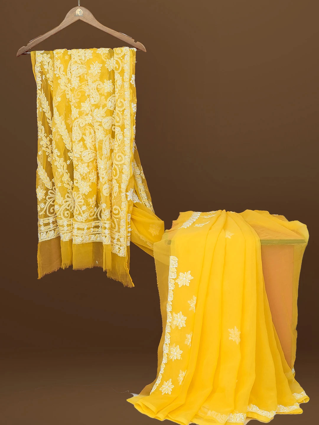 Ada Hand Embroidered Yellow Georgette Lucknowi Chikankari Saree With Blouse 01A571947