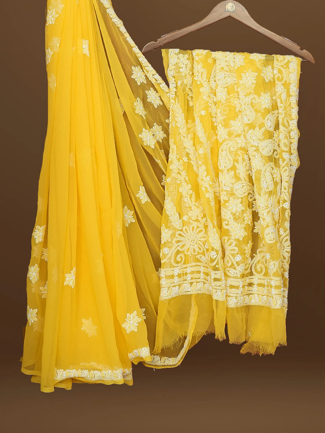 Ada Hand Embroidered Yellow Georgette Lucknowi Chikankari Saree With Blouse 01A571947