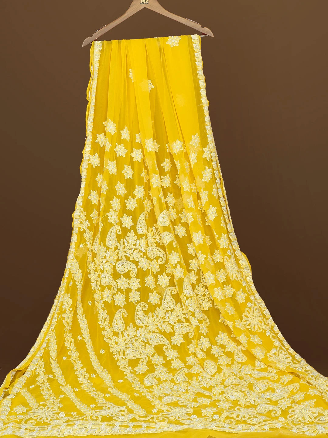 Ada Hand Embroidered Yellow Georgette Lucknowi Chikankari Saree With Blouse 01A571947