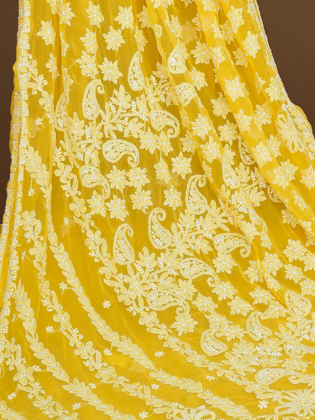 Ada Hand Embroidered Yellow Georgette Lucknowi Chikankari Saree With Blouse 01A571947