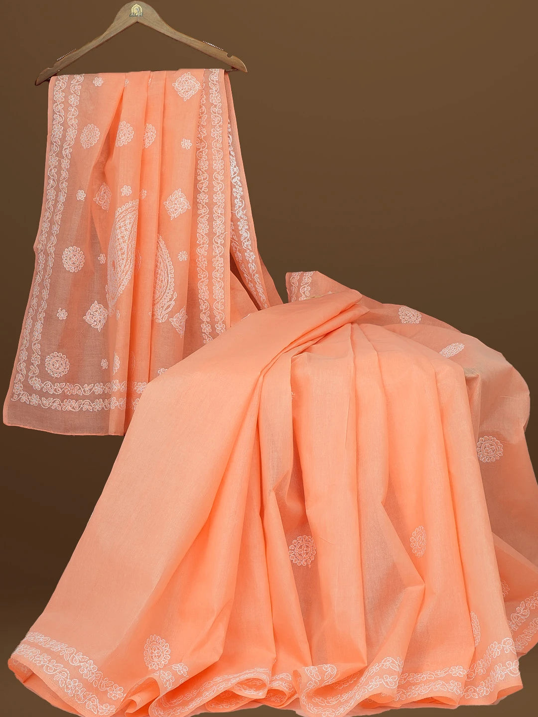 Ada Hand Embroidered Peach Cotton Lucknowi Chikankari Saree With Blouse 01A581111
