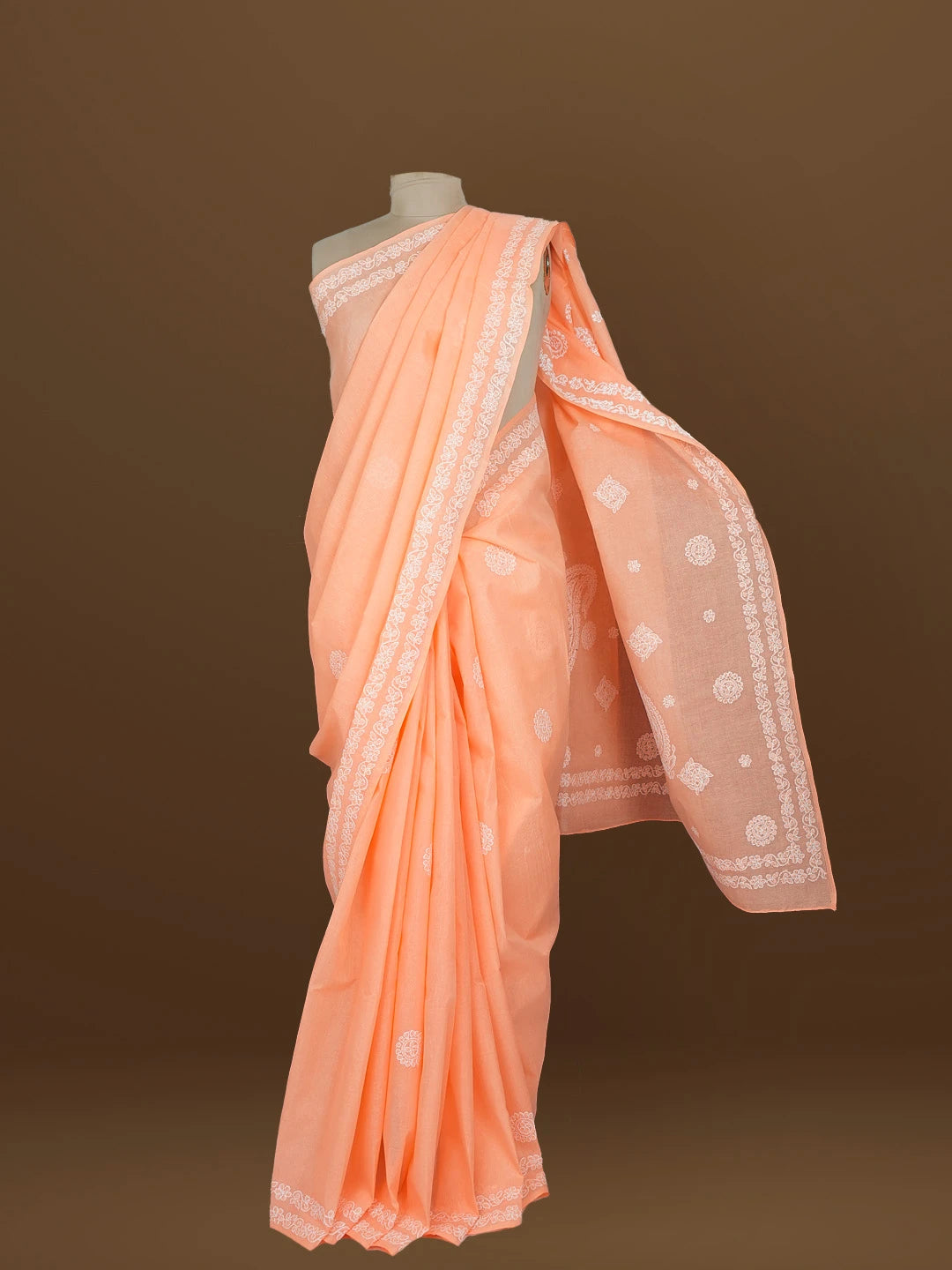 Ada Hand Embroidered Peach Cotton Lucknowi Chikankari Saree With Blouse 01A581111