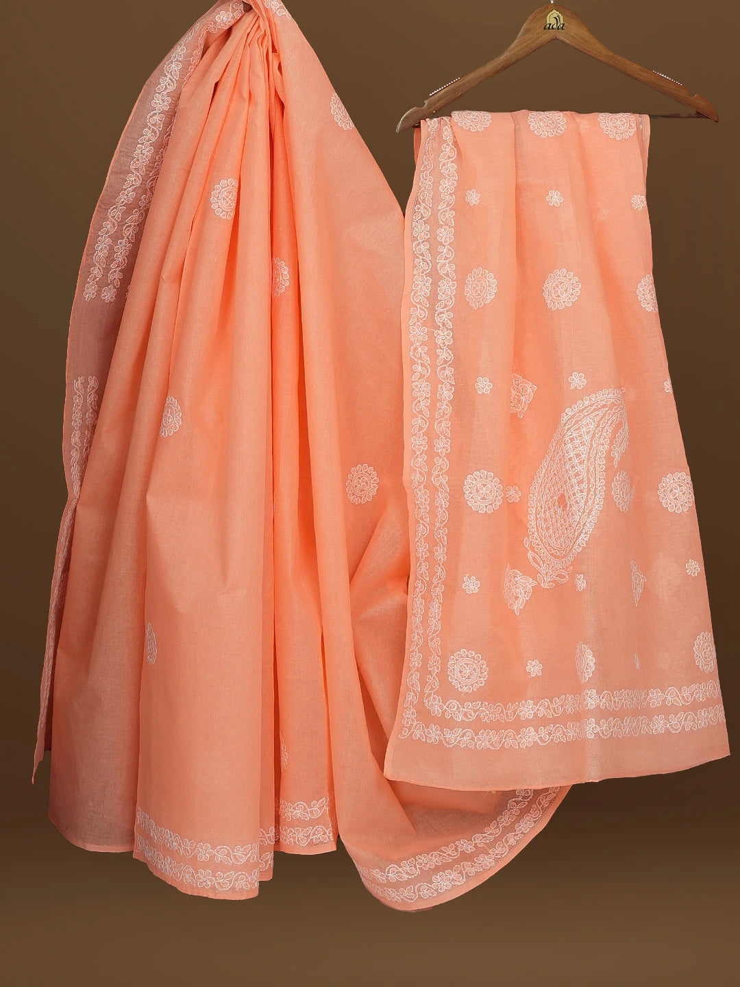 Ada Hand Embroidered Peach Cotton Lucknowi Chikankari Saree With Blouse 01A581111