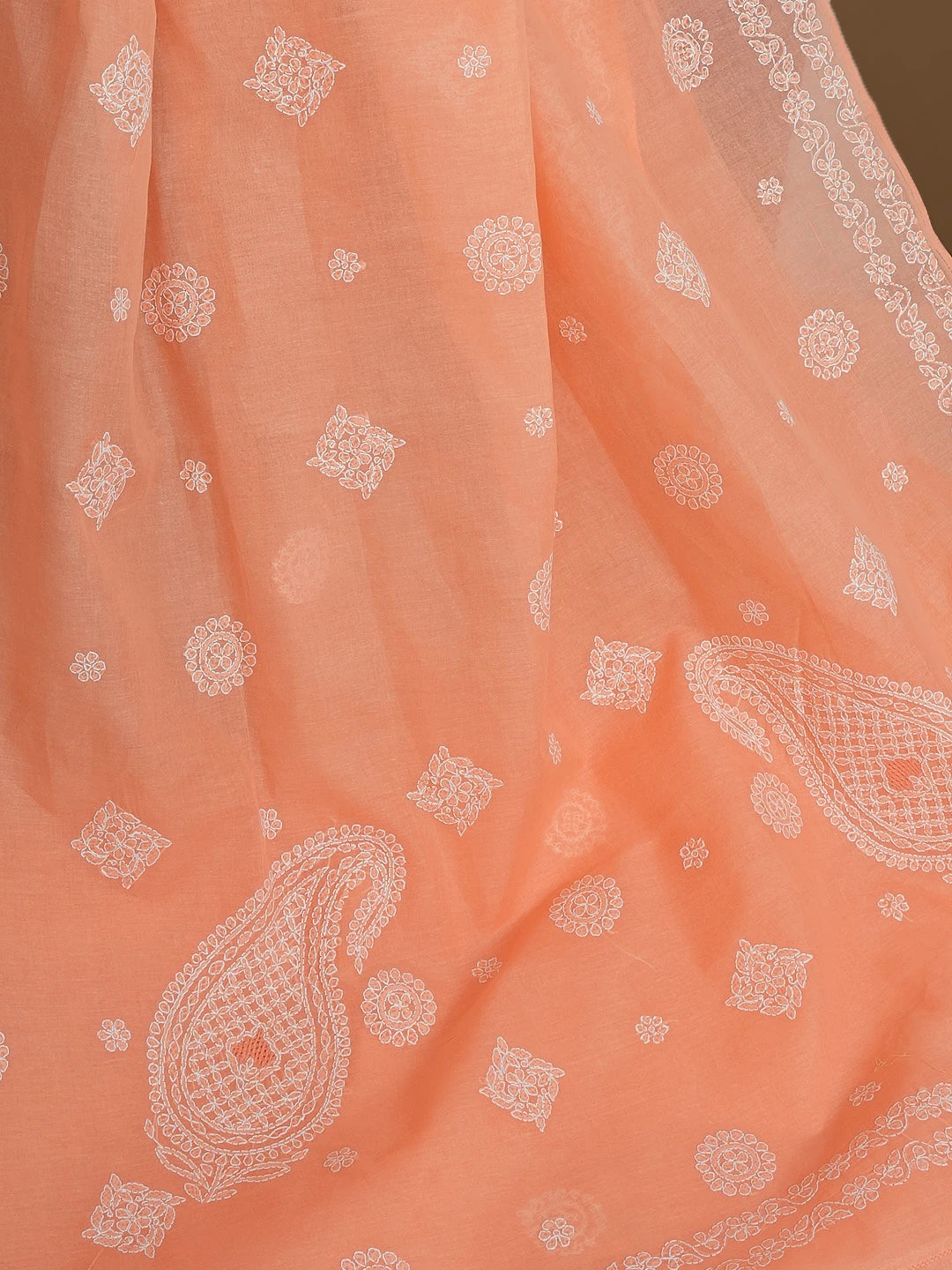 Ada Hand Embroidered Peach Cotton Lucknowi Chikankari Saree With Blouse 01A581111