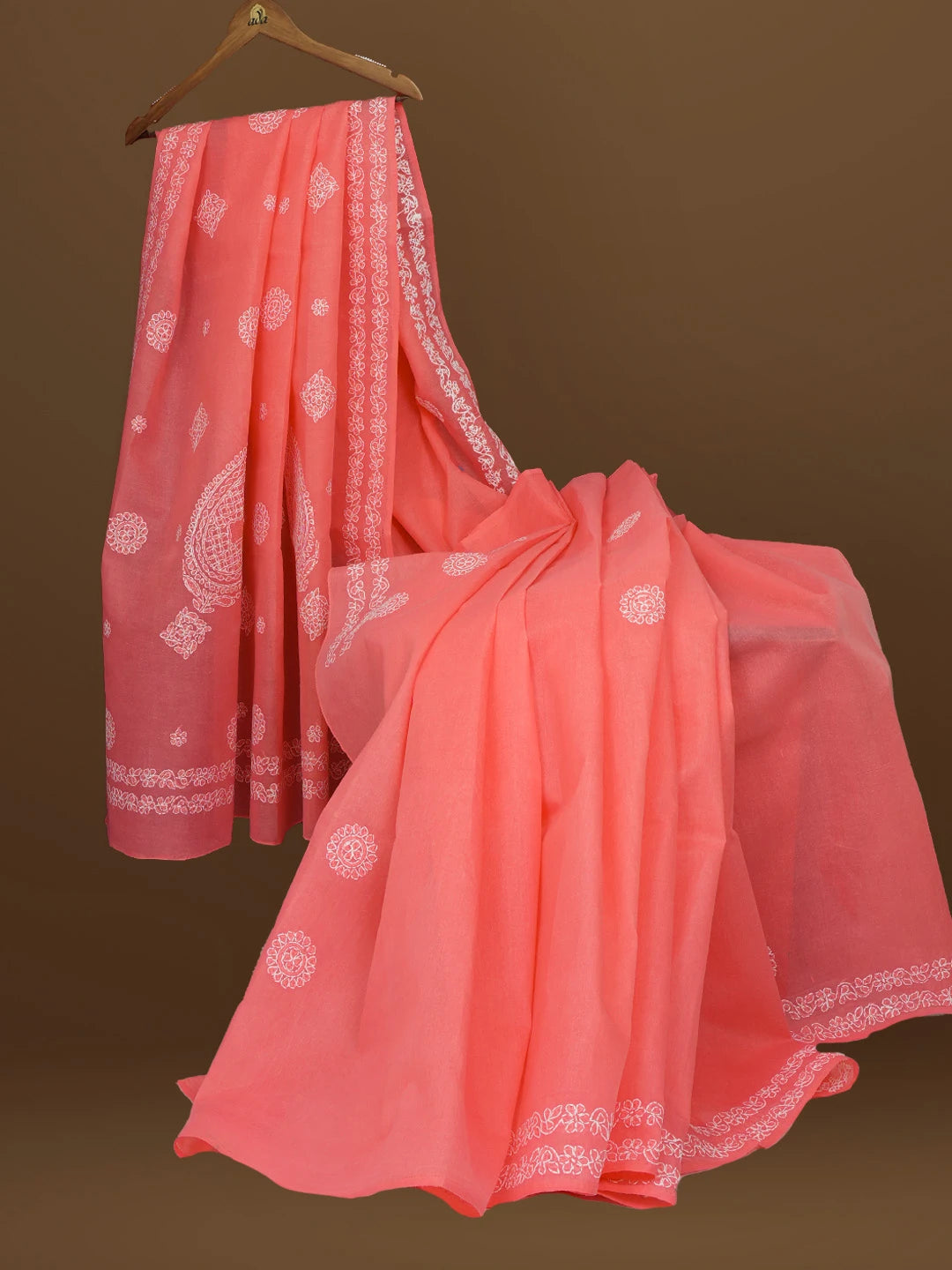 Ada Hand Embroidered Carrot Pink Cotton Lucknowi Chikankari Saree With Blouse 01A581091