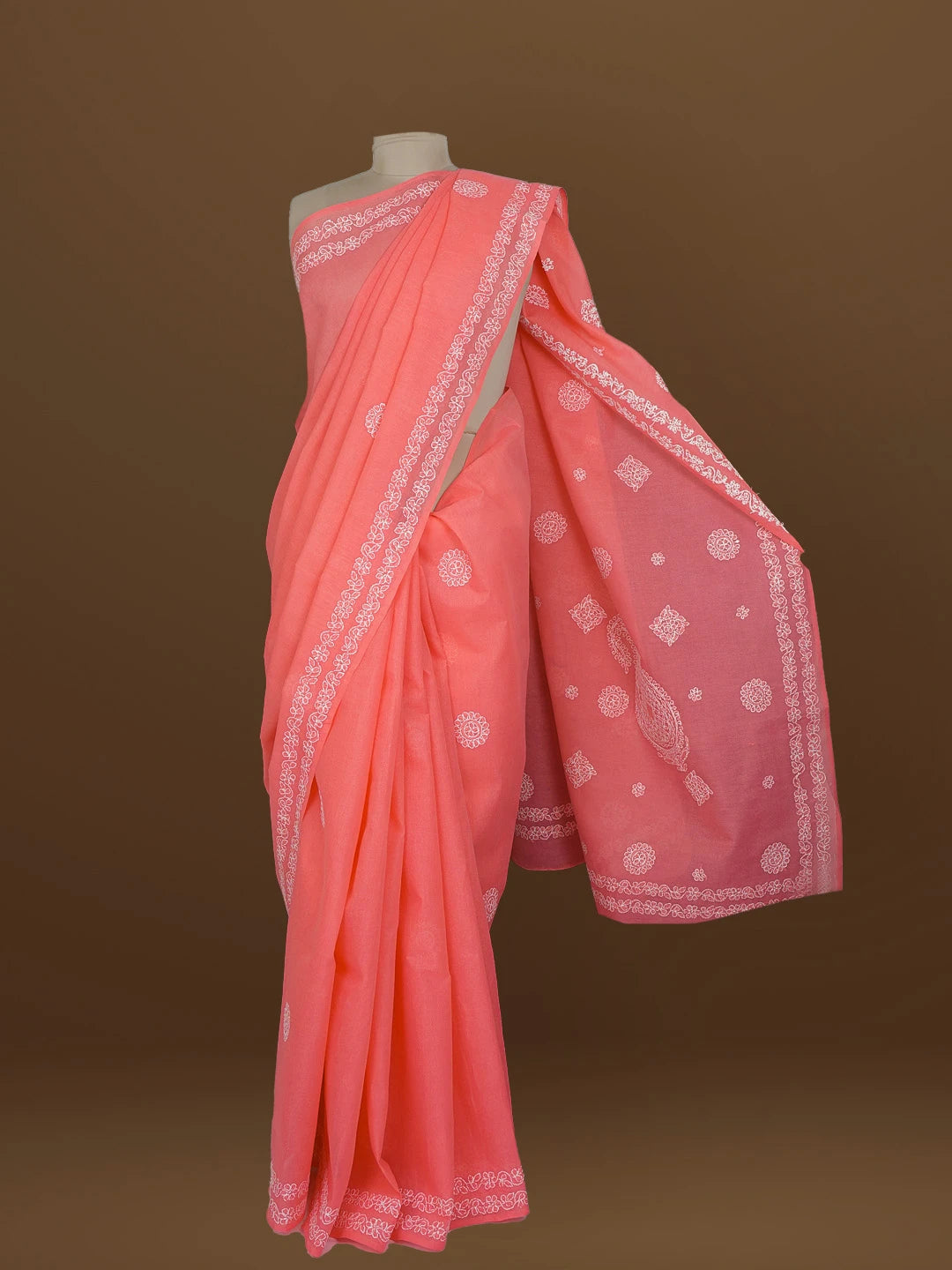 Ada Hand Embroidered Carrot Pink Cotton Lucknowi Chikankari Saree With Blouse 01A581091