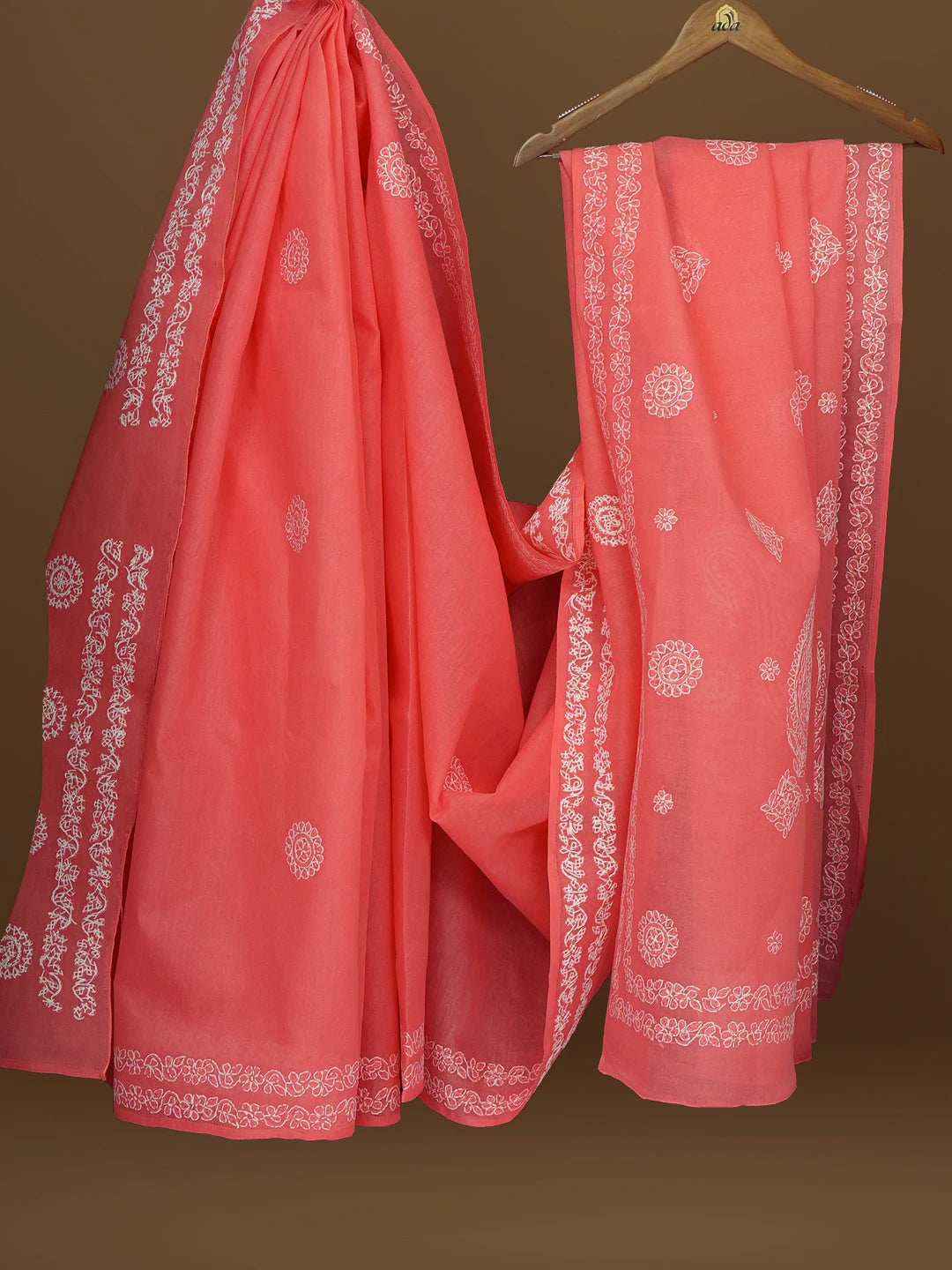 Ada Hand Embroidered Carrot Pink Cotton Lucknowi Chikankari Saree With Blouse 01A581091