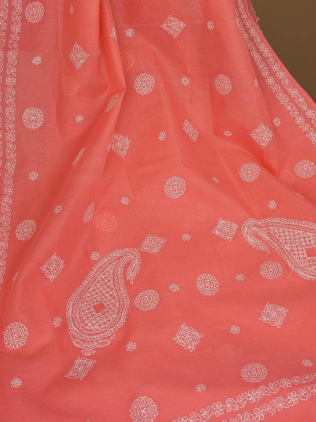 Ada Hand Embroidered Carrot Pink Cotton Lucknowi Chikankari Saree With Blouse 01A581091