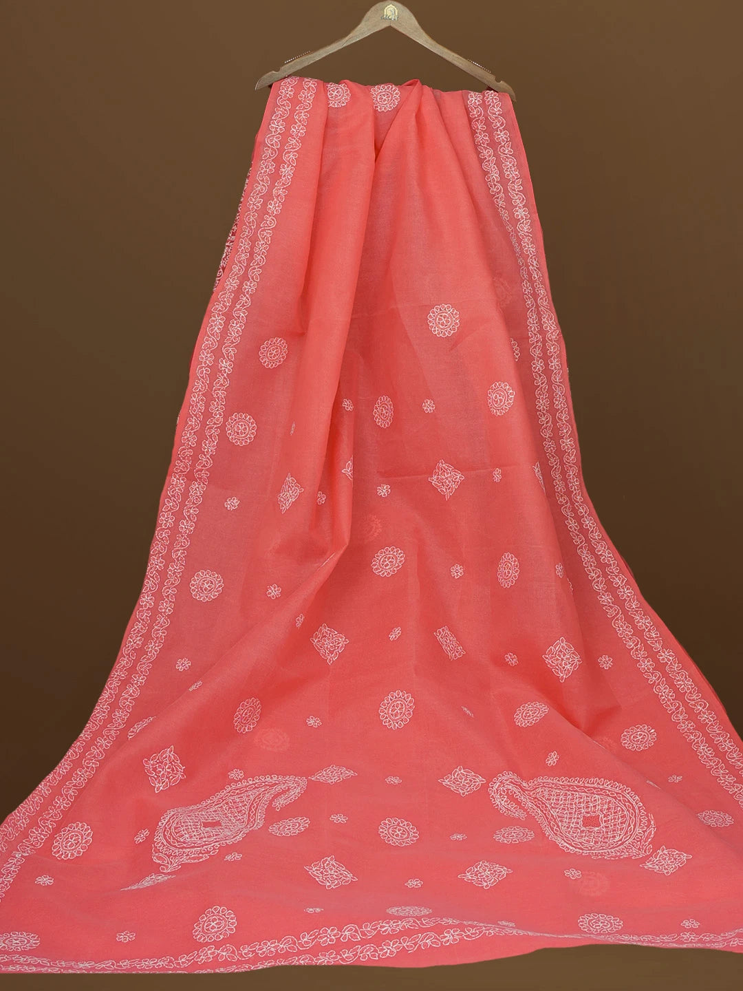 Ada Hand Embroidered Carrot Pink Cotton Lucknowi Chikankari Saree With Blouse 01A581091