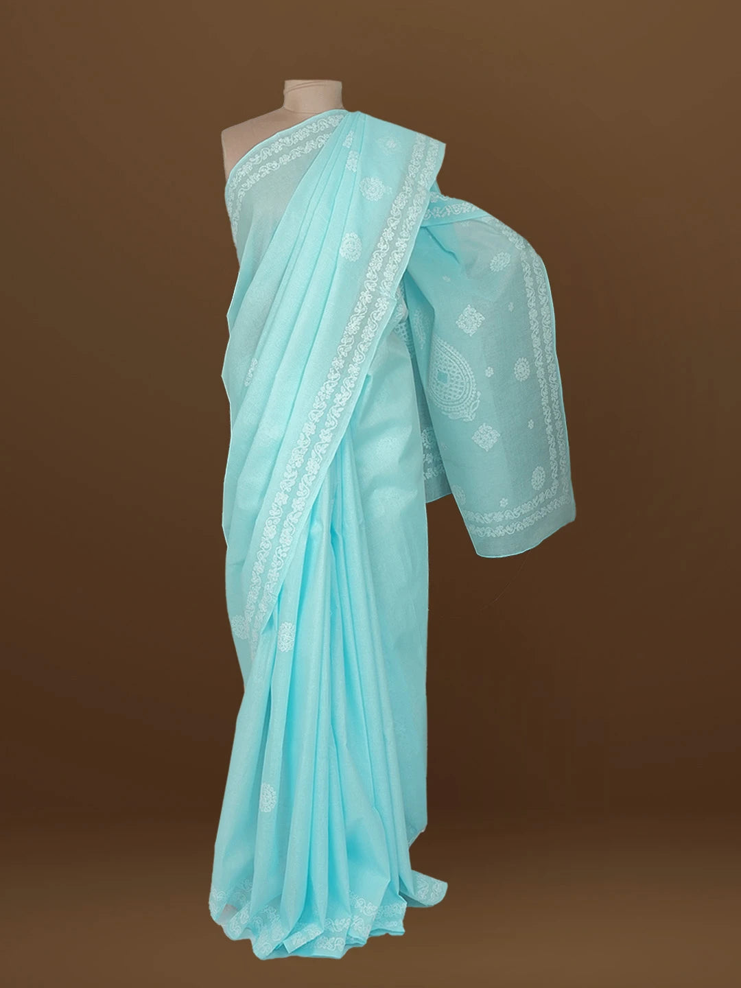 Ada Hand Embroidered Sky Blue Cotton Lucknowi Chikankari Saree With Blouse 01A563756