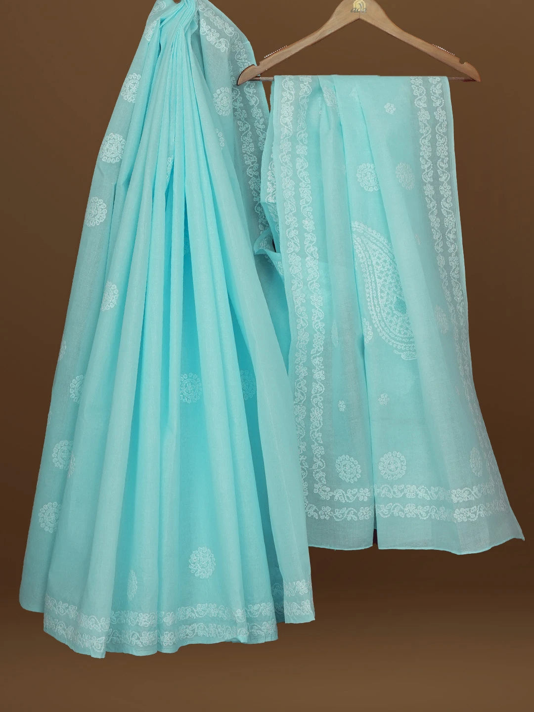 Ada Hand Embroidered Sky Blue Cotton Lucknowi Chikankari Saree With Blouse 01A563756