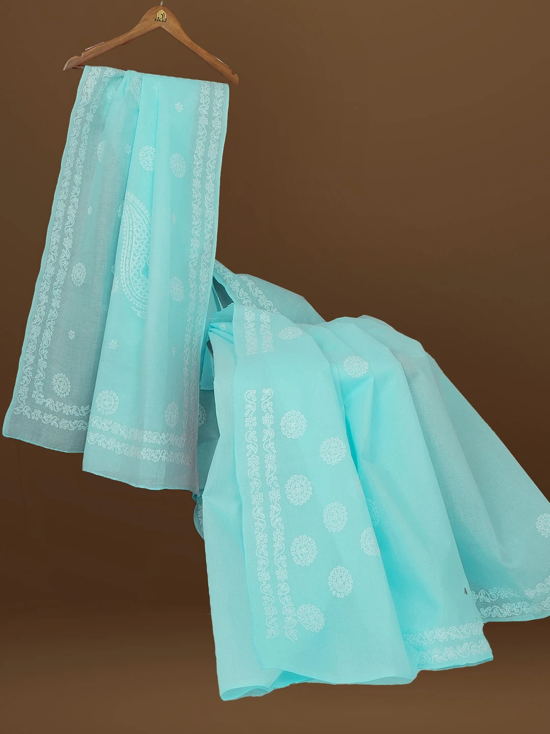 Ada Hand Embroidered Sky Blue Cotton Lucknowi Chikankari Saree With Blouse 01A563756