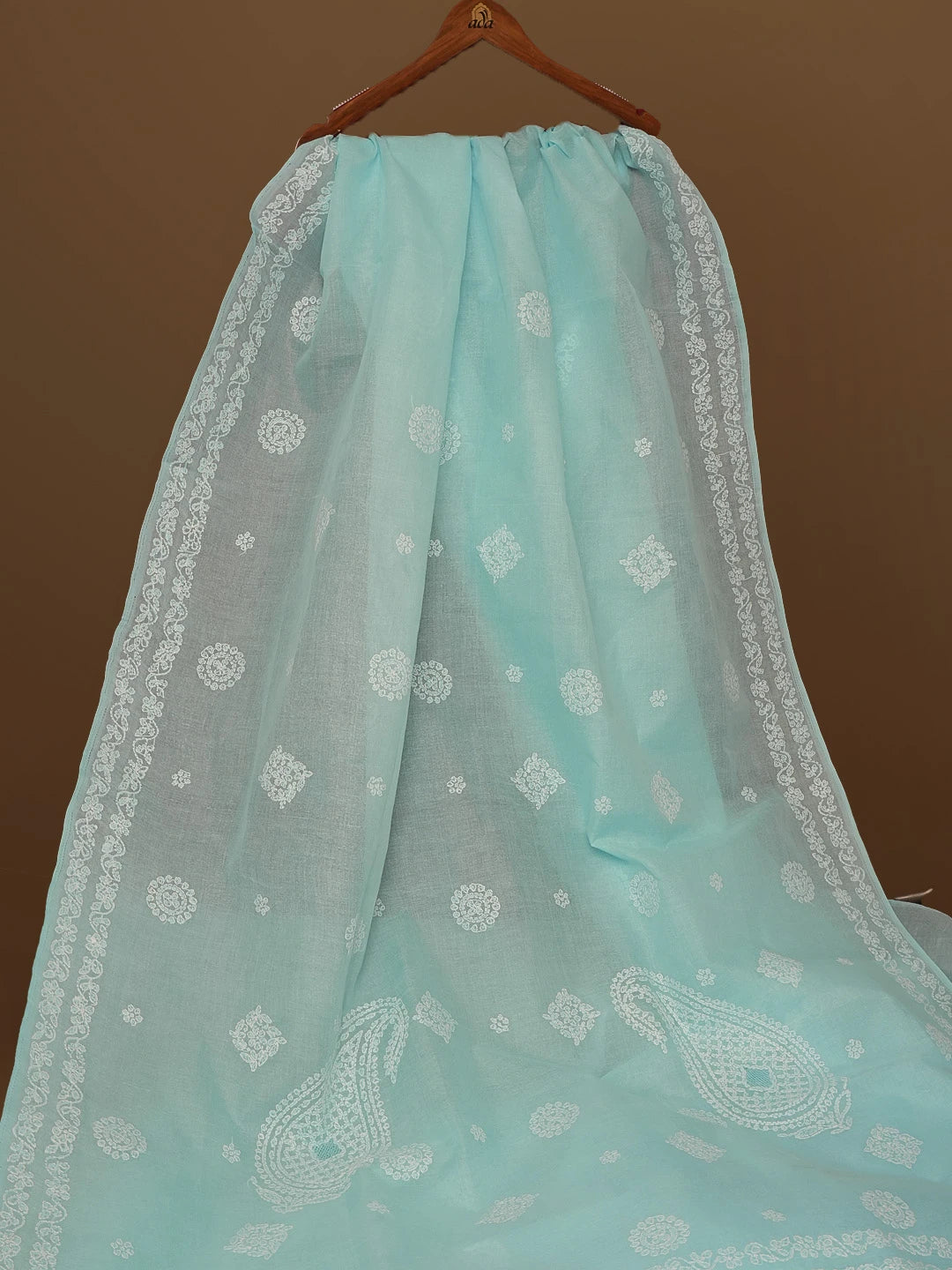 Ada Hand Embroidered Sky Blue Cotton Lucknowi Chikankari Saree With Blouse 01A563756