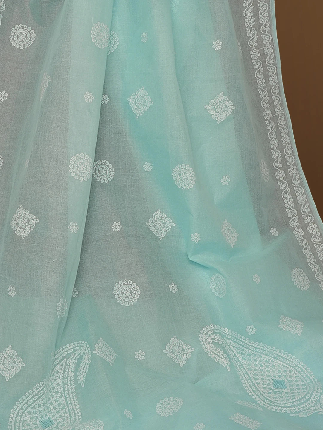 Ada Hand Embroidered Sky Blue Cotton Lucknowi Chikankari Saree With Blouse 01A563756