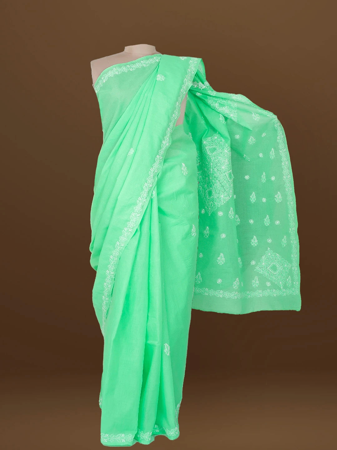 Ada Hand Embroidered Sea Green Cotton Lucknowi Chikankari Saree and Blouse 01A565791