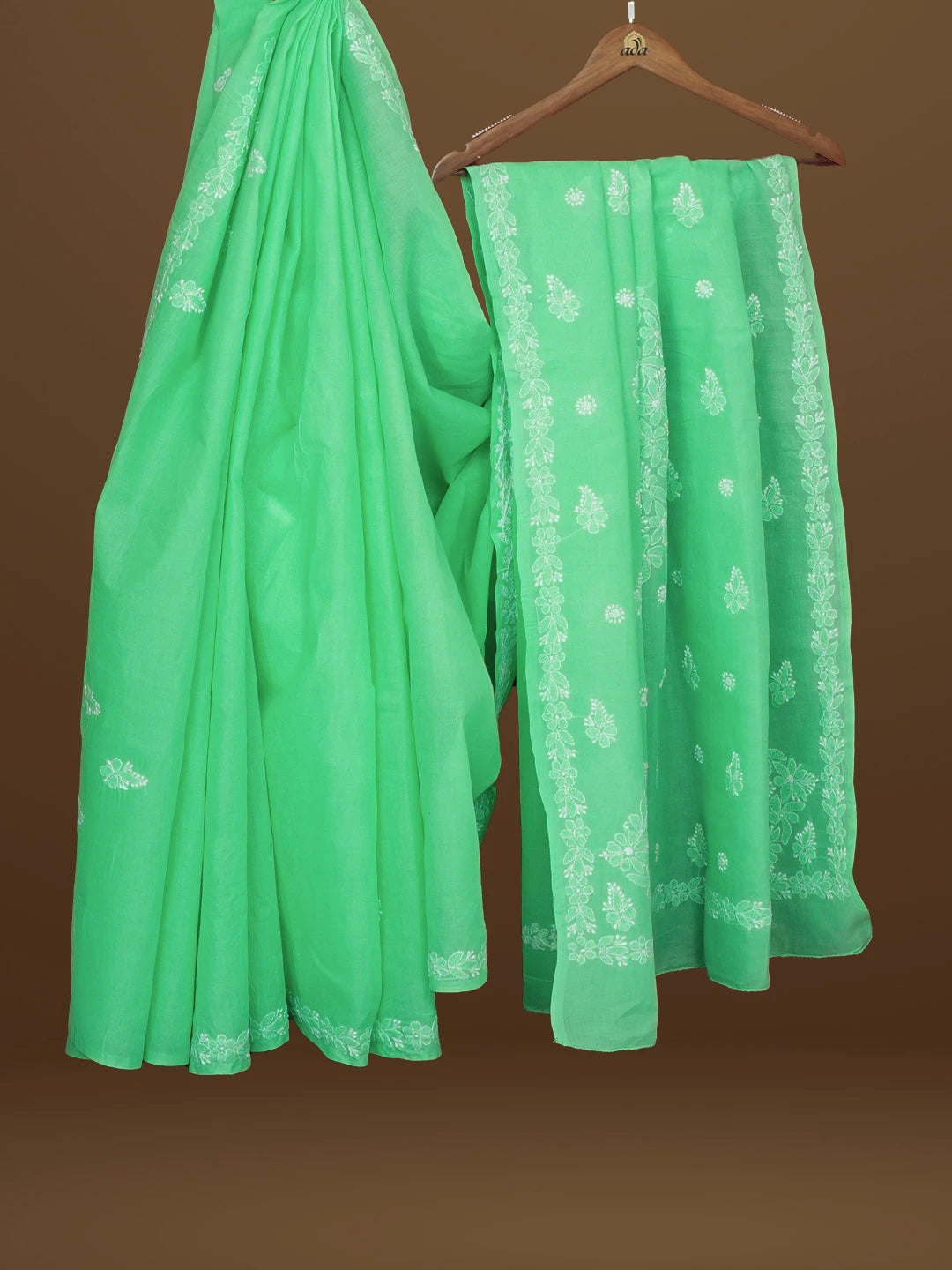 Ada Hand Embroidered Sea Green Cotton Lucknowi Chikankari Saree and Blouse 01A565791