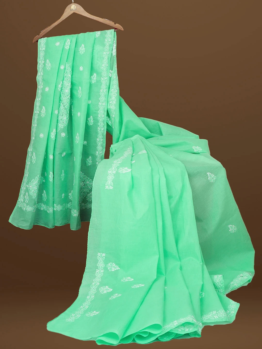Ada Hand Embroidered Sea Green Cotton Lucknowi Chikankari Saree and Blouse 01A565791