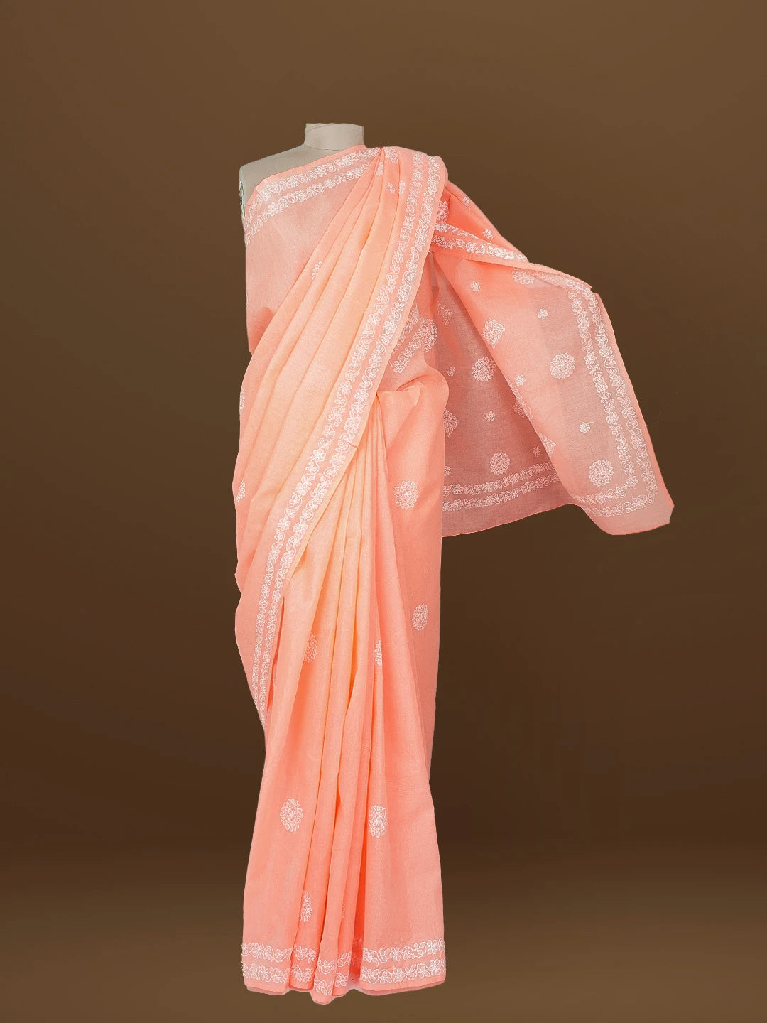 Ada Hand Embroidered Peach Orange Cotton Lucknowi Chikankari Saree With Blouse 01A563733