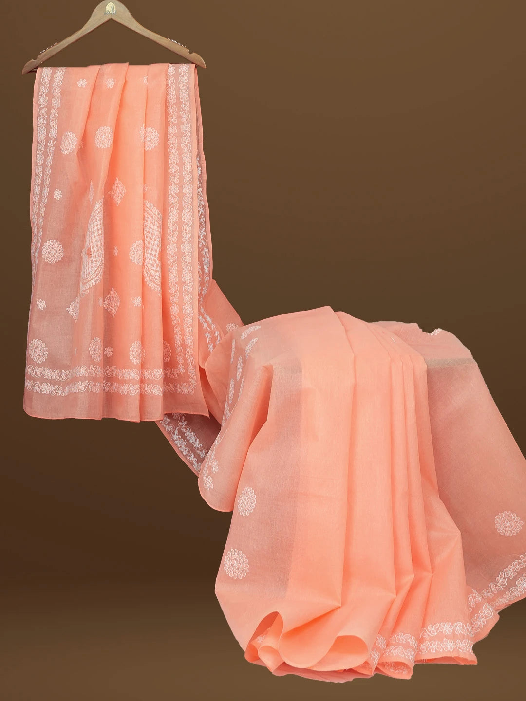 Ada Hand Embroidered Peach Orange Cotton Lucknowi Chikankari Saree With Blouse 01A563733