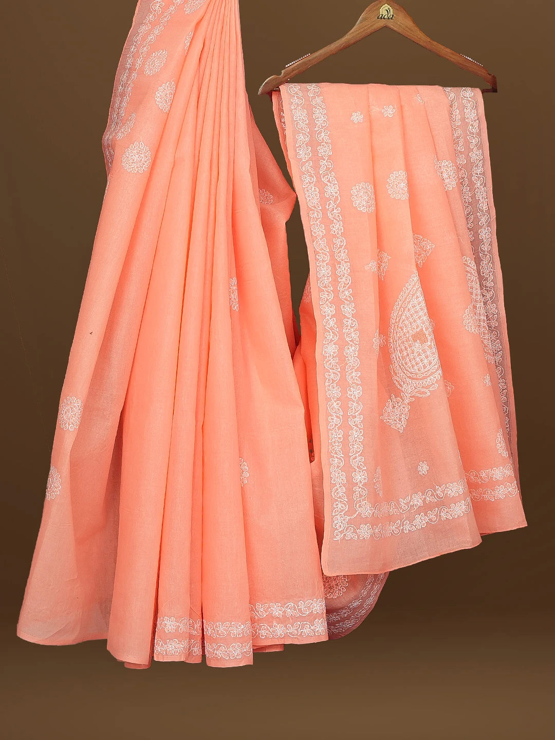 Ada Hand Embroidered Peach Orange Cotton Lucknowi Chikankari Saree With Blouse 01A563733