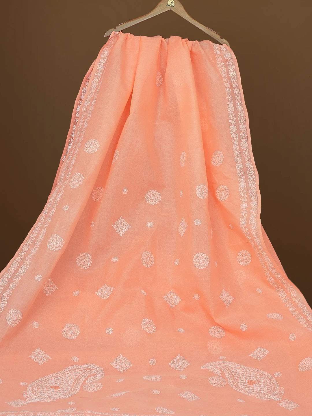 Ada Hand Embroidered Peach Orange Cotton Lucknowi Chikankari Saree With Blouse 01A563733