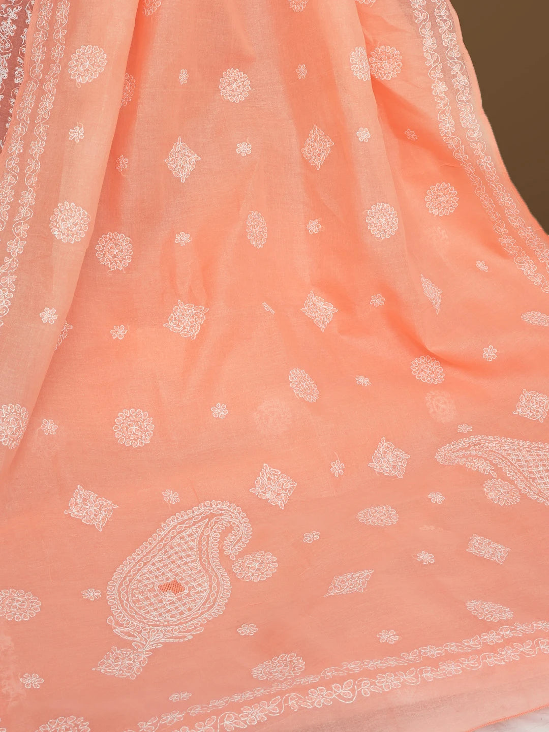 Ada Hand Embroidered Peach Orange Cotton Lucknowi Chikankari Saree With Blouse 01A563733