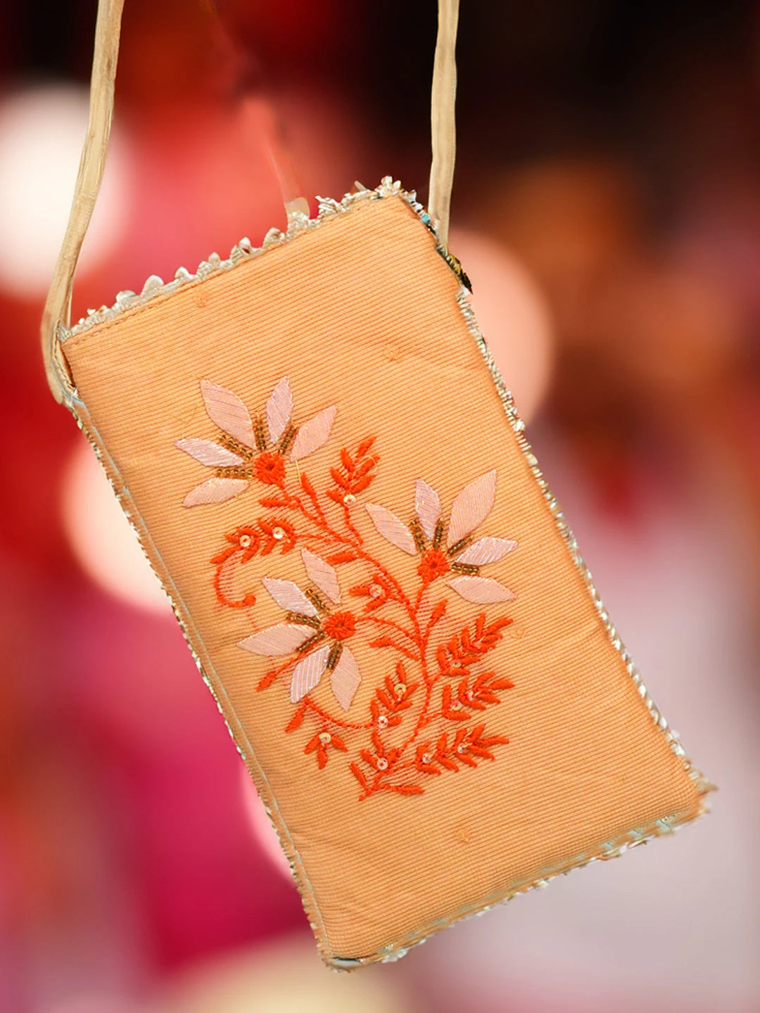 Ada Hand Embroidered Peach Kota Chanderi Lucknowi Chikankari Mobile Cover With Parsi Work 01A571051