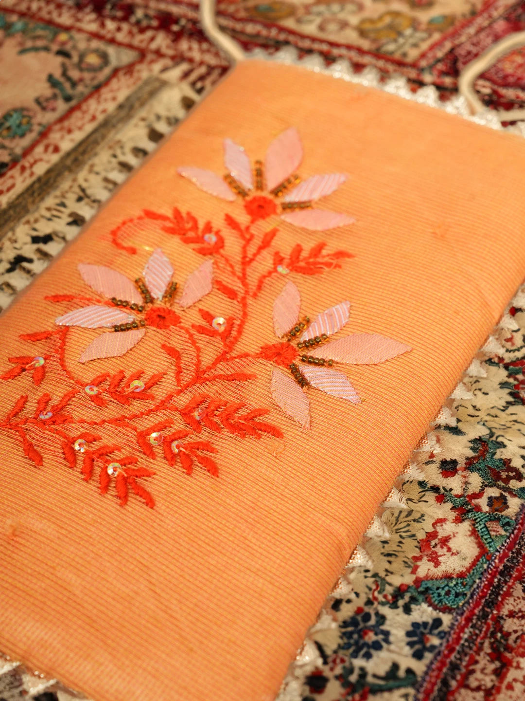 Ada Hand Embroidered Peach Kota Chanderi Lucknowi Chikankari Mobile Cover With Parsi Work 01A571051