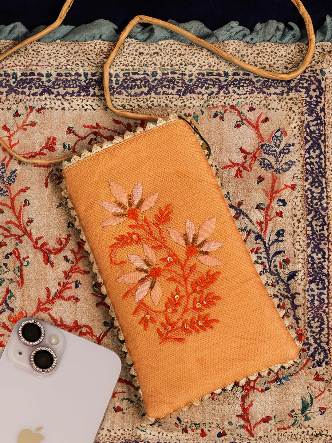 Ada Hand Embroidered Peach Kota Chanderi Lucknowi Chikankari Mobile Cover With Parsi Work 01A571051