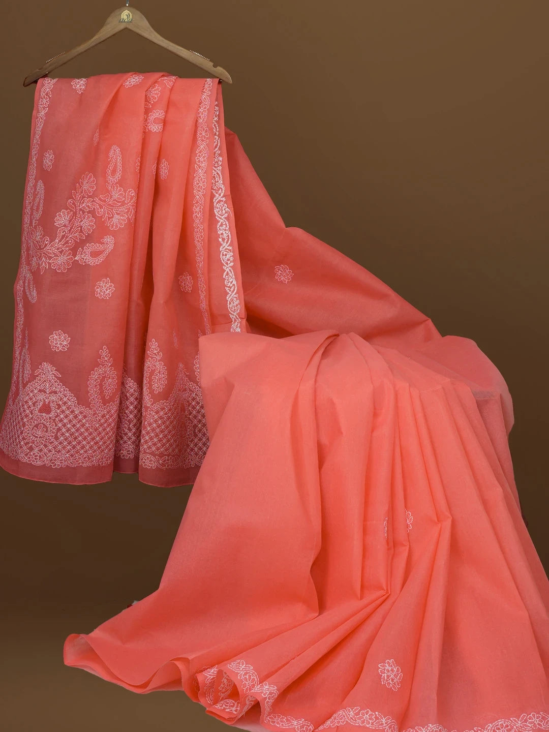 Ada Hand Embroidered Carrot Pink Cotton Lucknowi Chikankari Saree With Blouse 01A581119