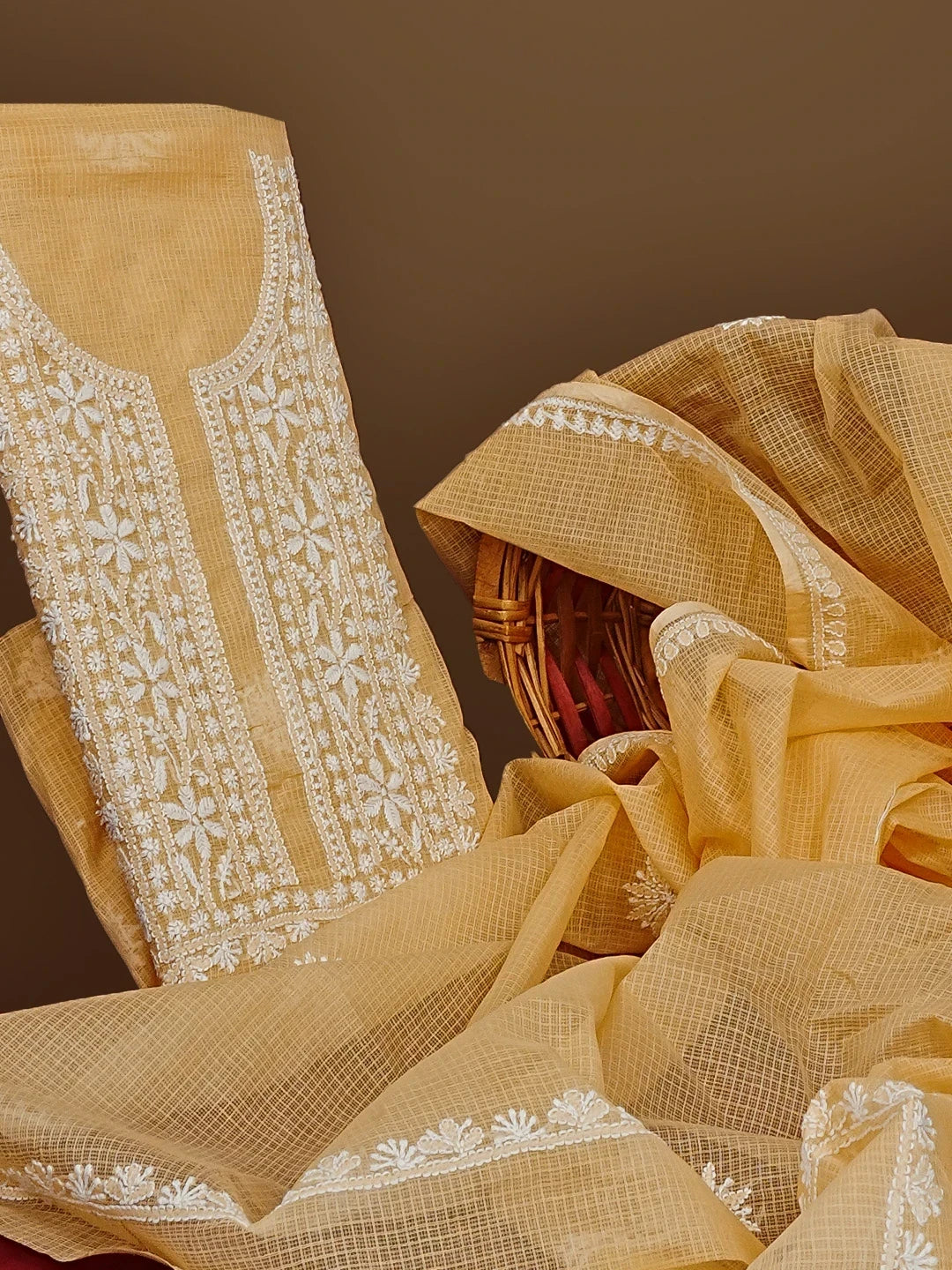 Ada Hand Embroidered Fawn Kota Lucknowi Chikankari Unstitched Kurta Dupatta Set 01A548935