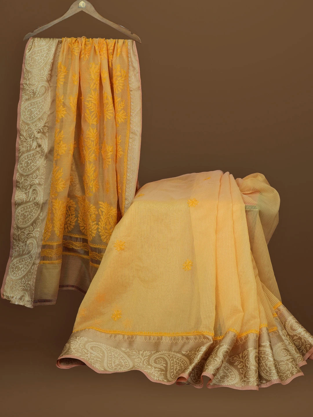 Ada Hand Embroidered Mustard Chanderi Lucknowi Chikankari Saree With Blouse 01A582199