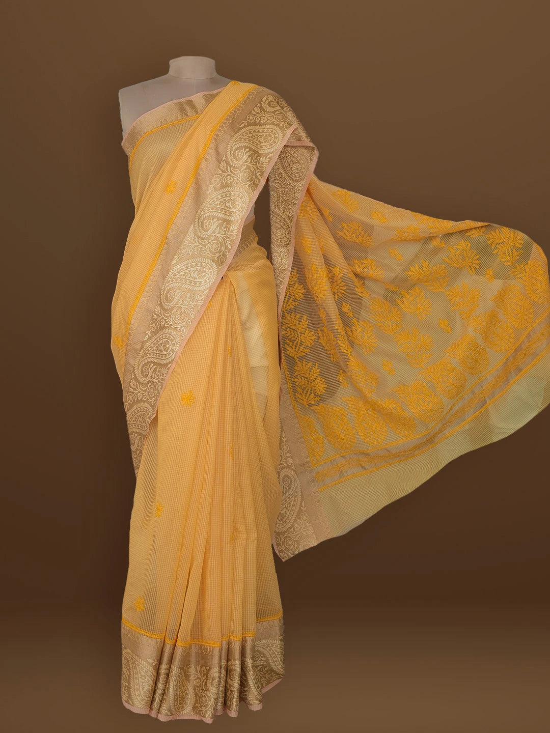 Ada Hand Embroidered Mustard Chanderi Lucknowi Chikankari Saree With Blouse 01A582199