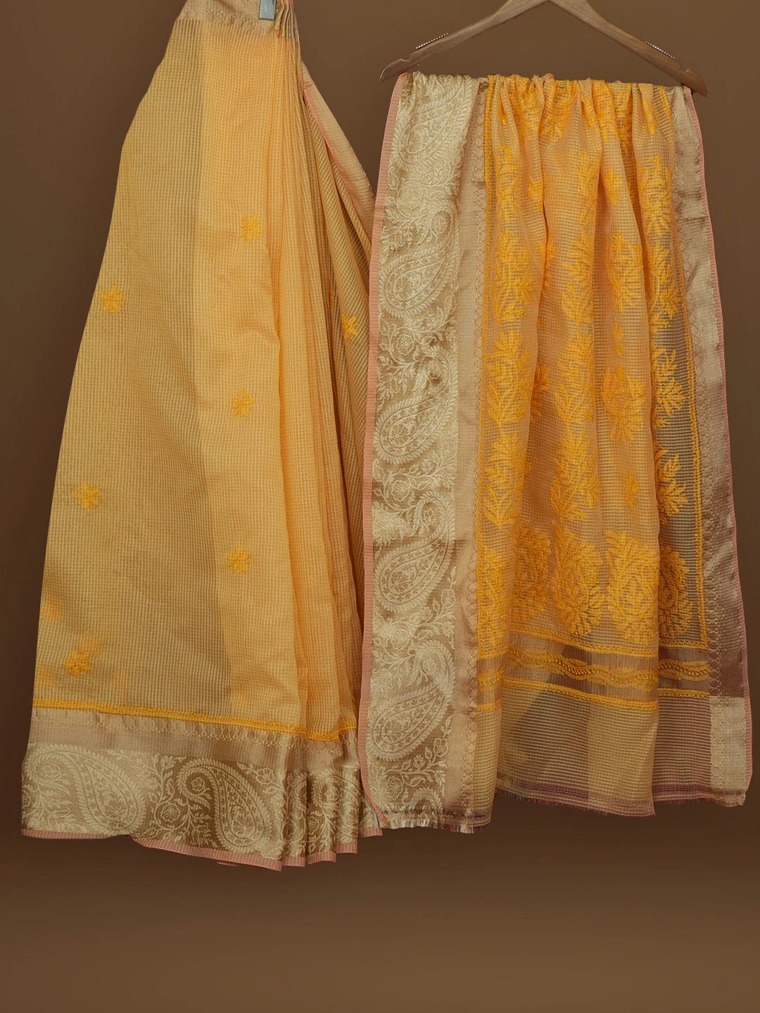 Ada Hand Embroidered Mustard Chanderi Lucknowi Chikankari Saree With Blouse 01A582199
