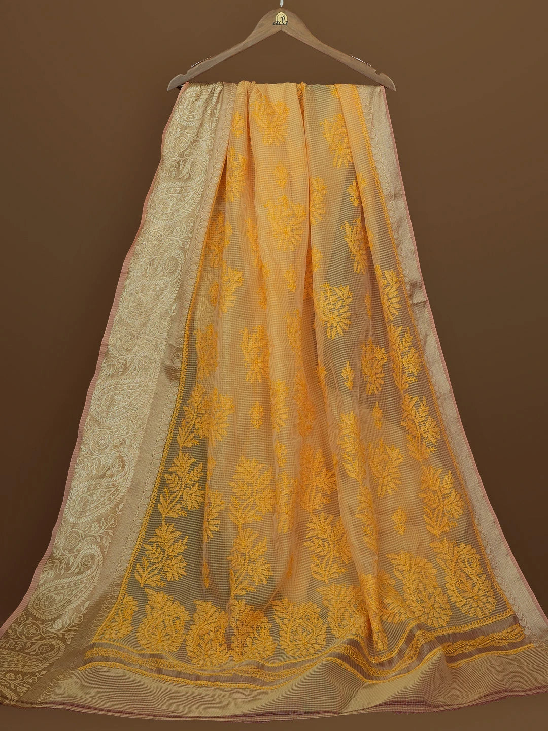 Ada Hand Embroidered Mustard Chanderi Lucknowi Chikankari Saree With Blouse 01A582199