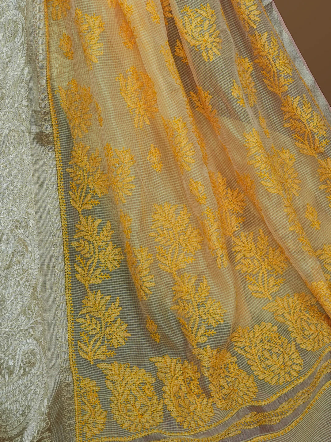 Ada Hand Embroidered Mustard Chanderi Lucknowi Chikankari Saree With Blouse 01A582199
