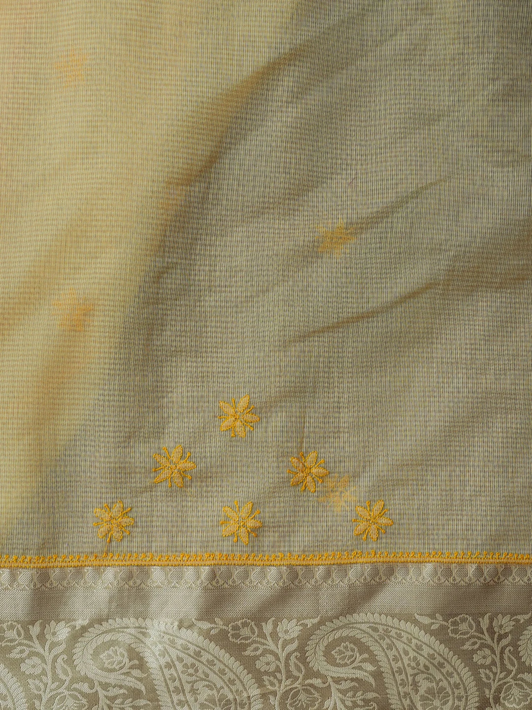 Ada Hand Embroidered Mustard Chanderi Lucknowi Chikankari Saree With Blouse 01A582199