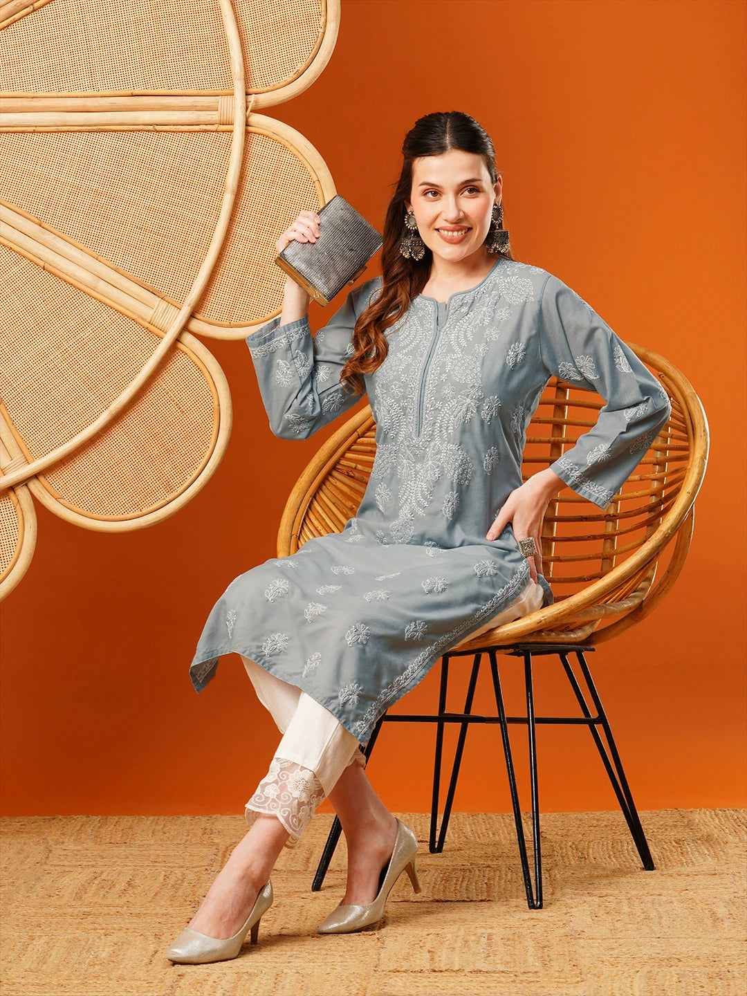 Ada Hand Embroidered Grey Cotton Lucknowi Chikankari Straight Kurta A411606