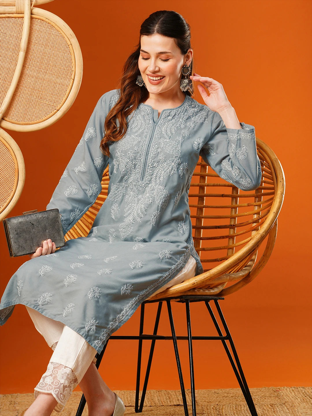 Ada Hand Embroidered Grey Cotton Lucknowi Chikankari Straight Kurta A411606