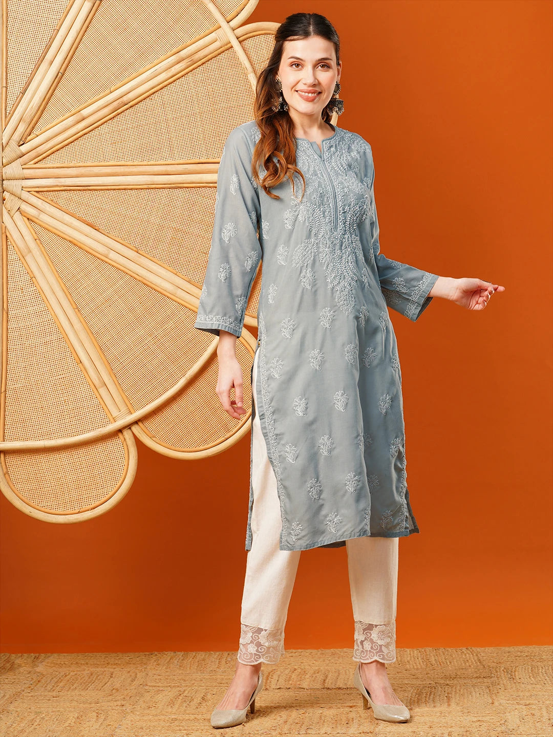 Ada Hand Embroidered Grey Cotton Lucknowi Chikankari Straight Kurta A411606