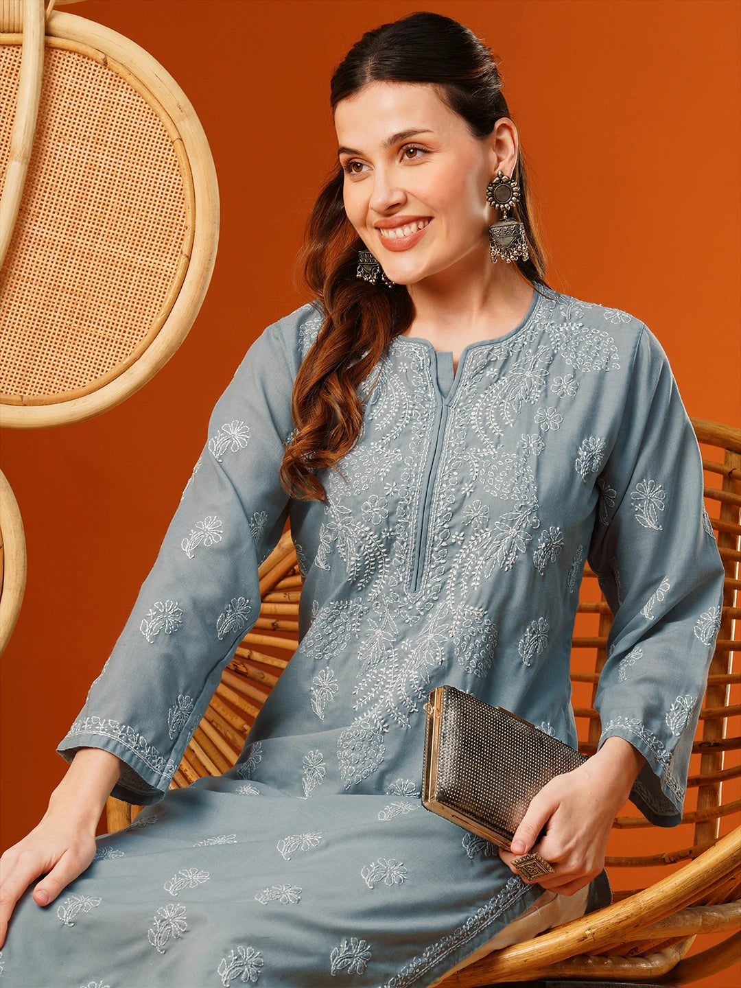 Ada Hand Embroidered Grey Cotton Lucknowi Chikankari Straight Kurta A411606