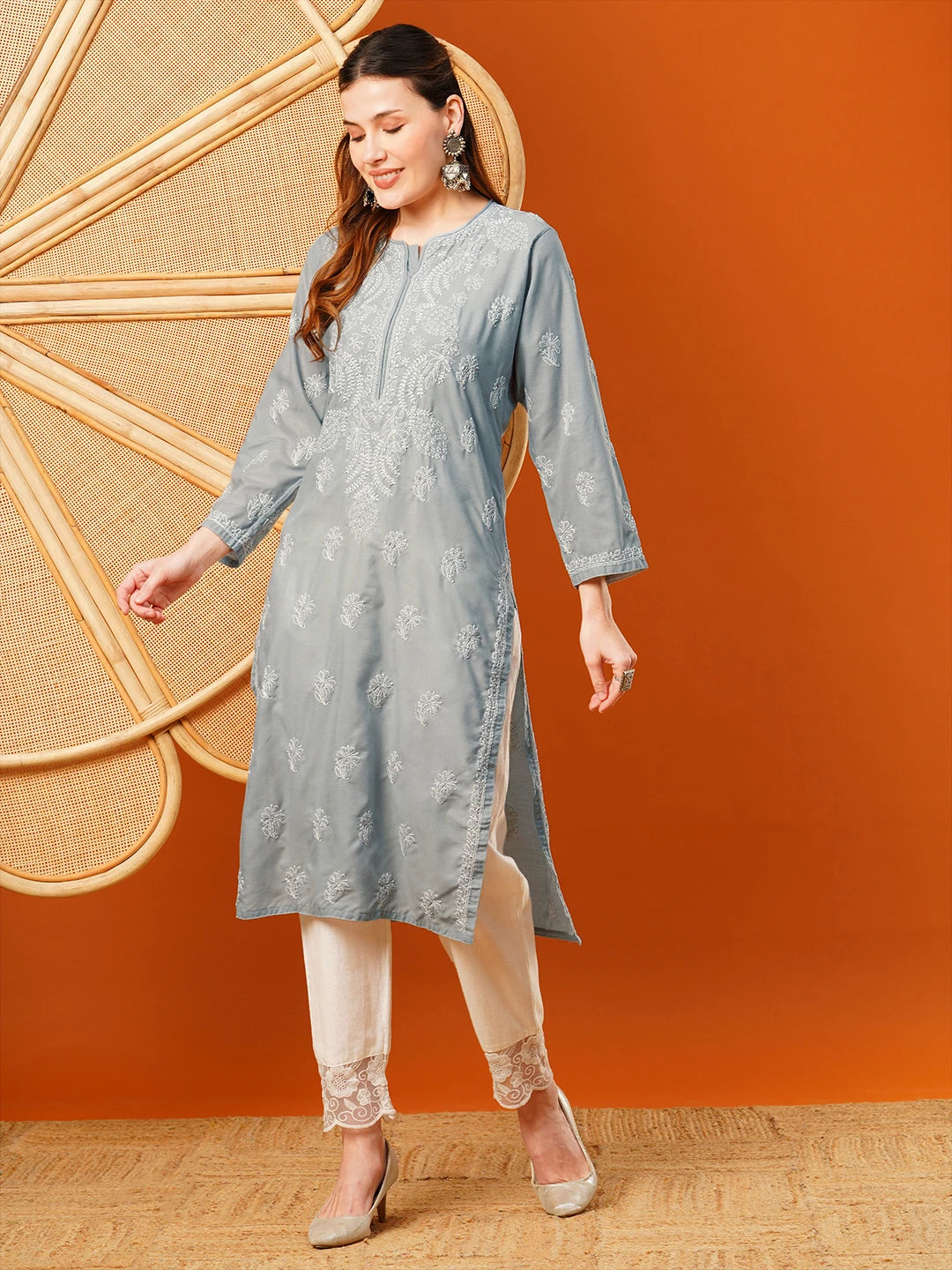 Ada Hand Embroidered Grey Cotton Lucknowi Chikankari Straight Kurta A411606