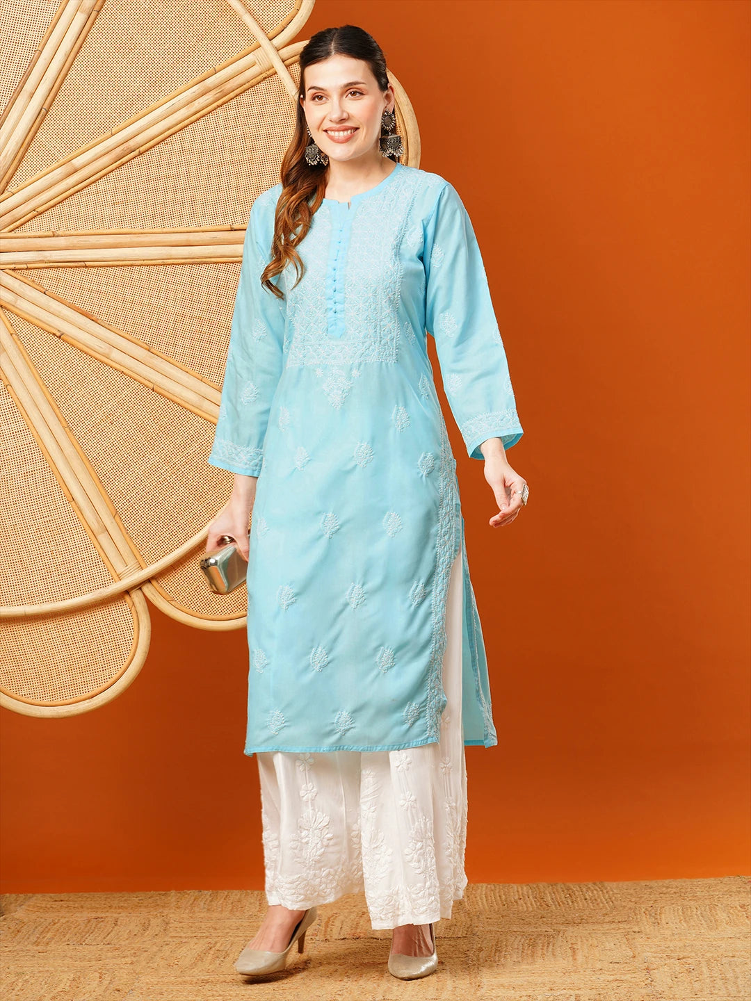 Ada Hand Embroidered Sky Blue cotton Lucknowi Chikankari Straight Kurta A411594