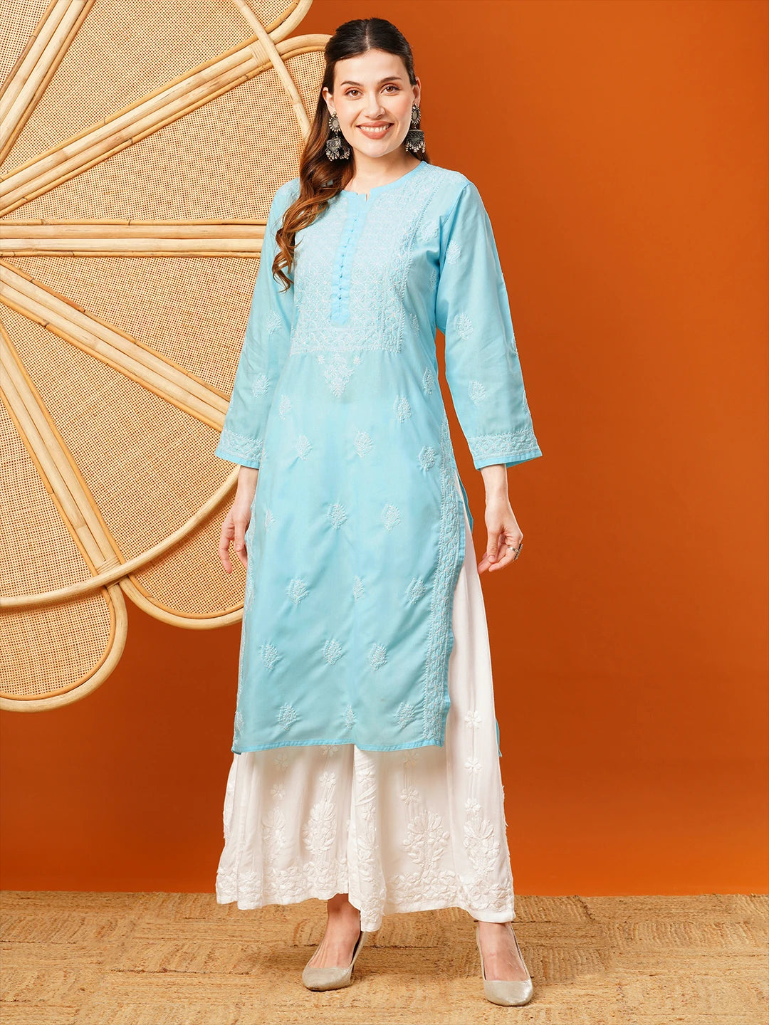 Ada Hand Embroidered Sky Blue cotton Lucknowi Chikankari Straight Kurta A411594
