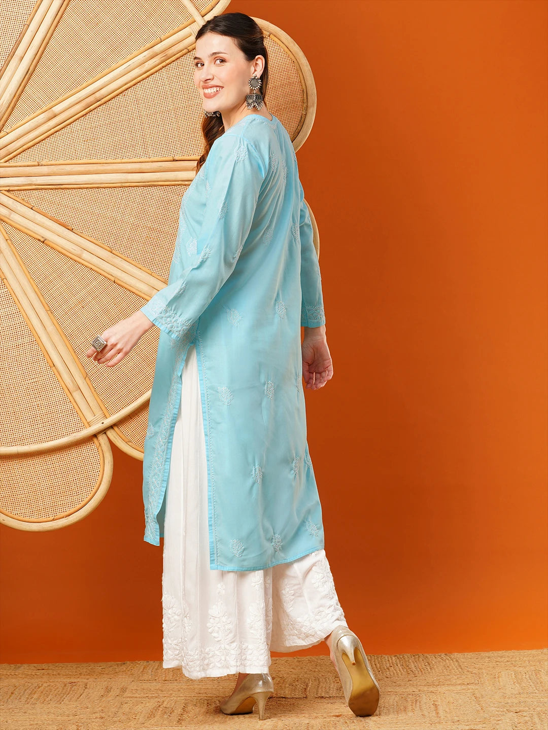 Ada Hand Embroidered Sky Blue cotton Lucknowi Chikankari Straight Kurta A411594