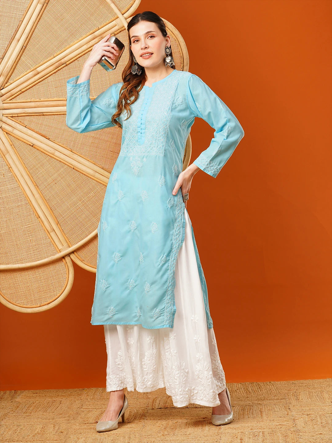 Ada Hand Embroidered Sky Blue cotton Lucknowi Chikankari Straight Kurta A411594
