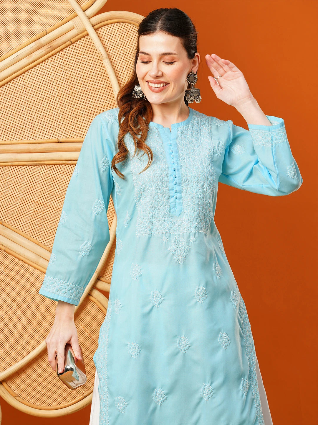 Ada Hand Embroidered Sky Blue cotton Lucknowi Chikankari Straight Kurta A411594