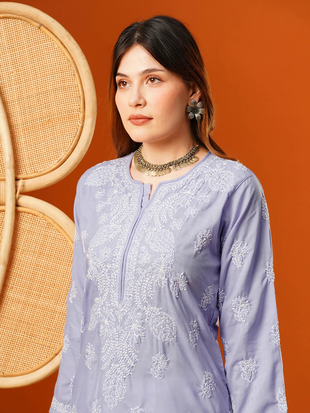 Ada Hand Embroidered Mauve Cotton Lucknow Chikankari Straight Kurta A411602