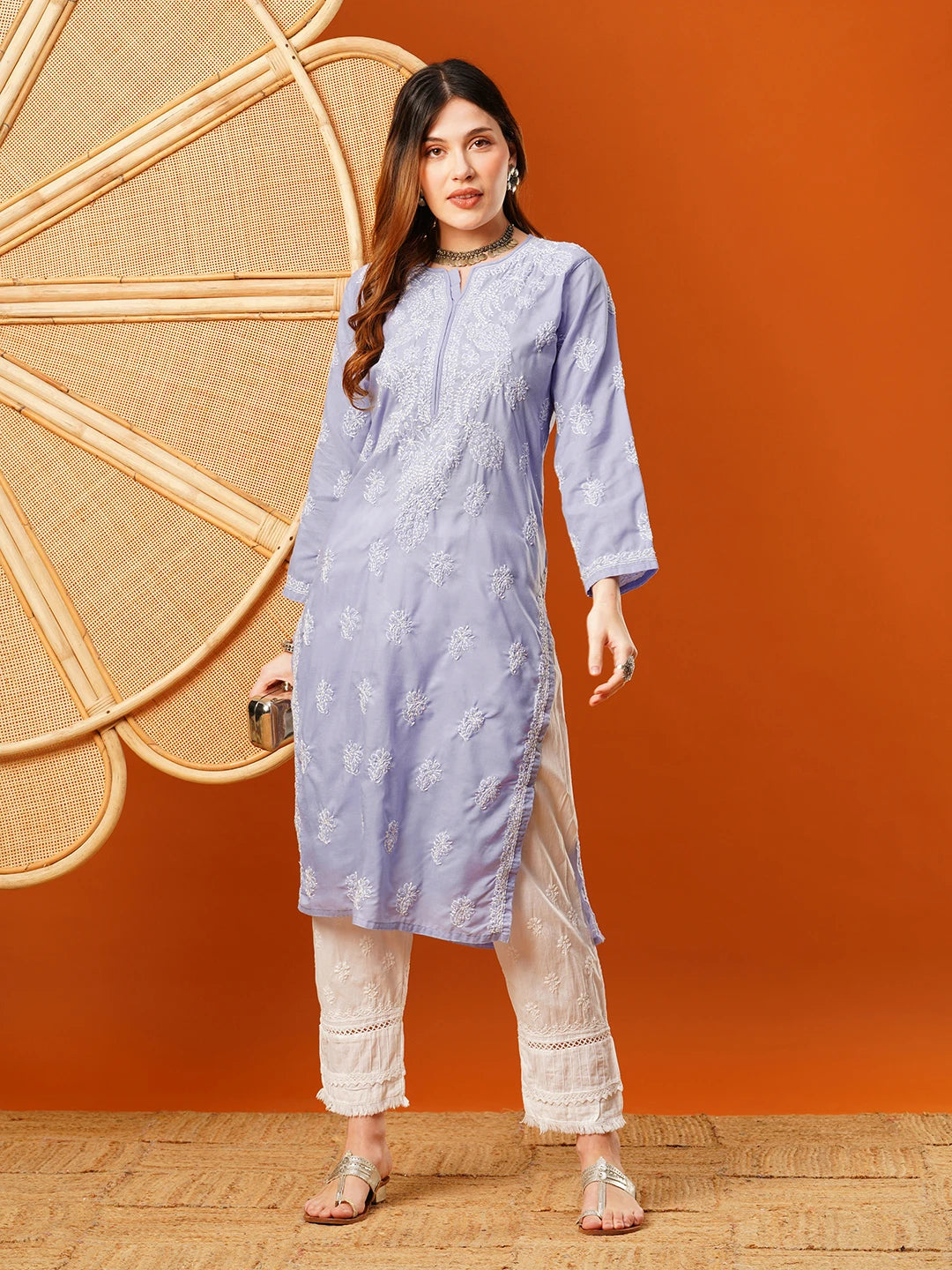 Ada Hand Embroidered Mauve Cotton Lucknow Chikankari Straight Kurta A411602