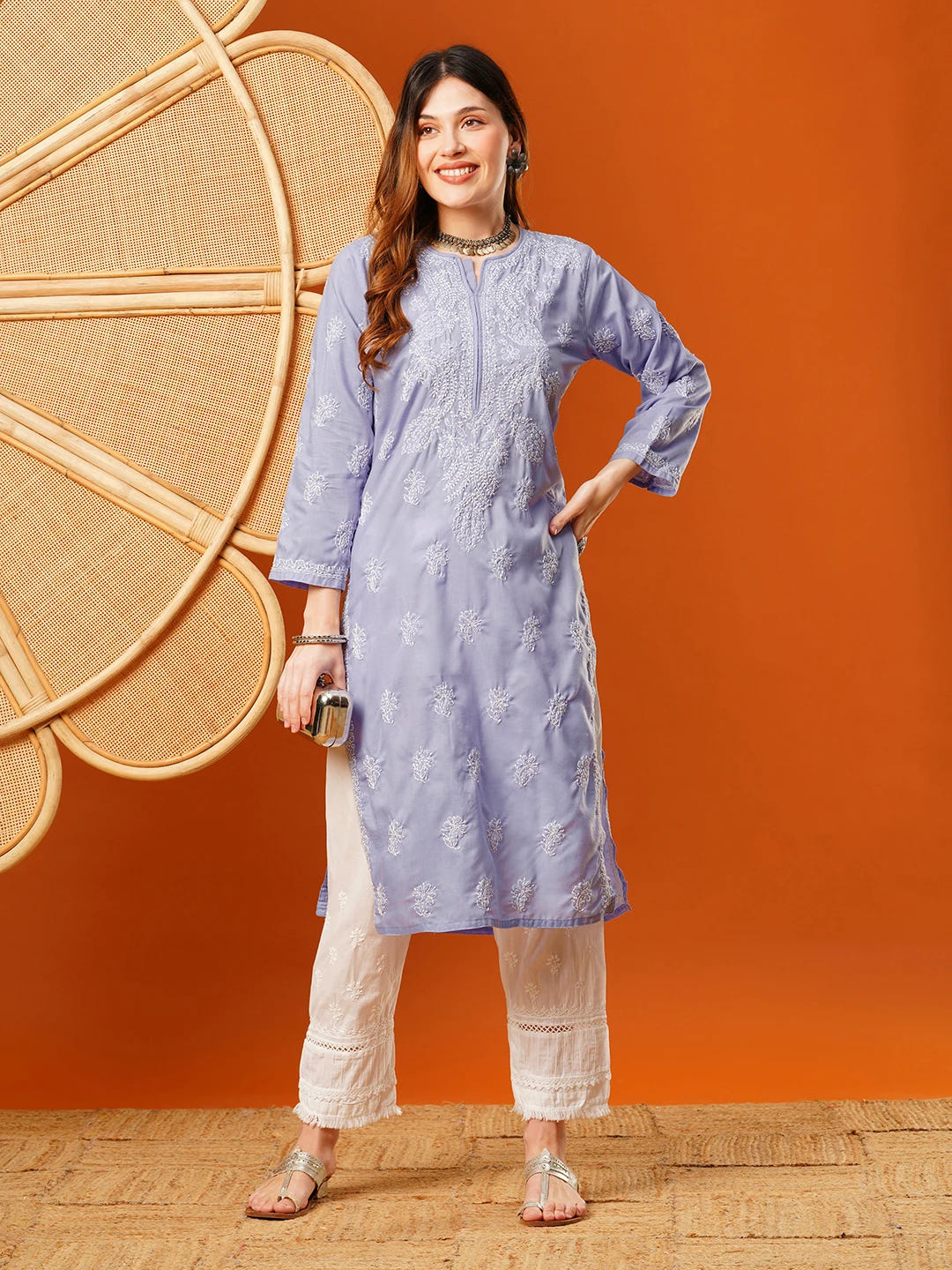 Ada Hand Embroidered Mauve Cotton Lucknow Chikankari Straight Kurta A411602